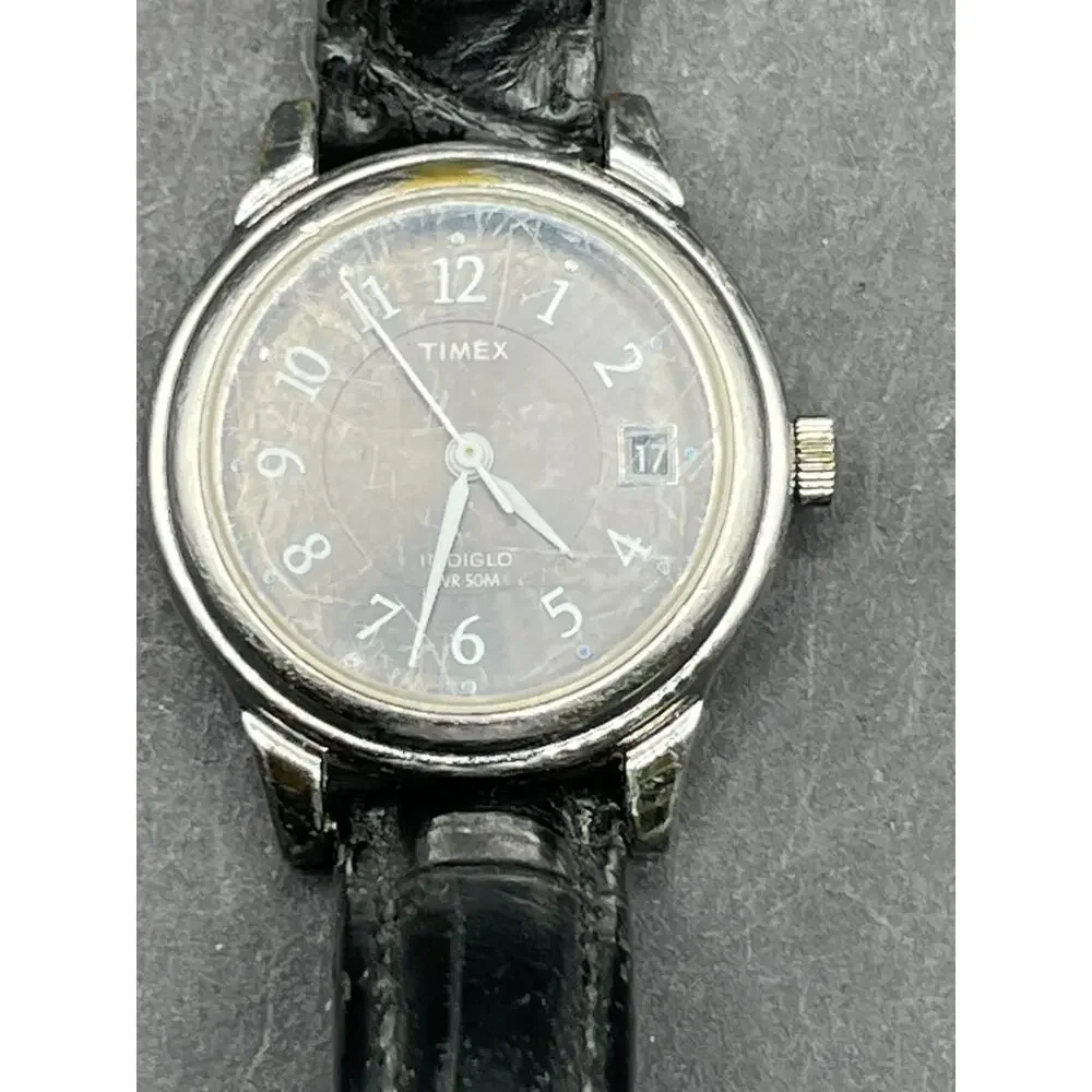 Timex Watch Women IndigloWR 50M 26mm Silver Tone Gray Dial Date Leather Band